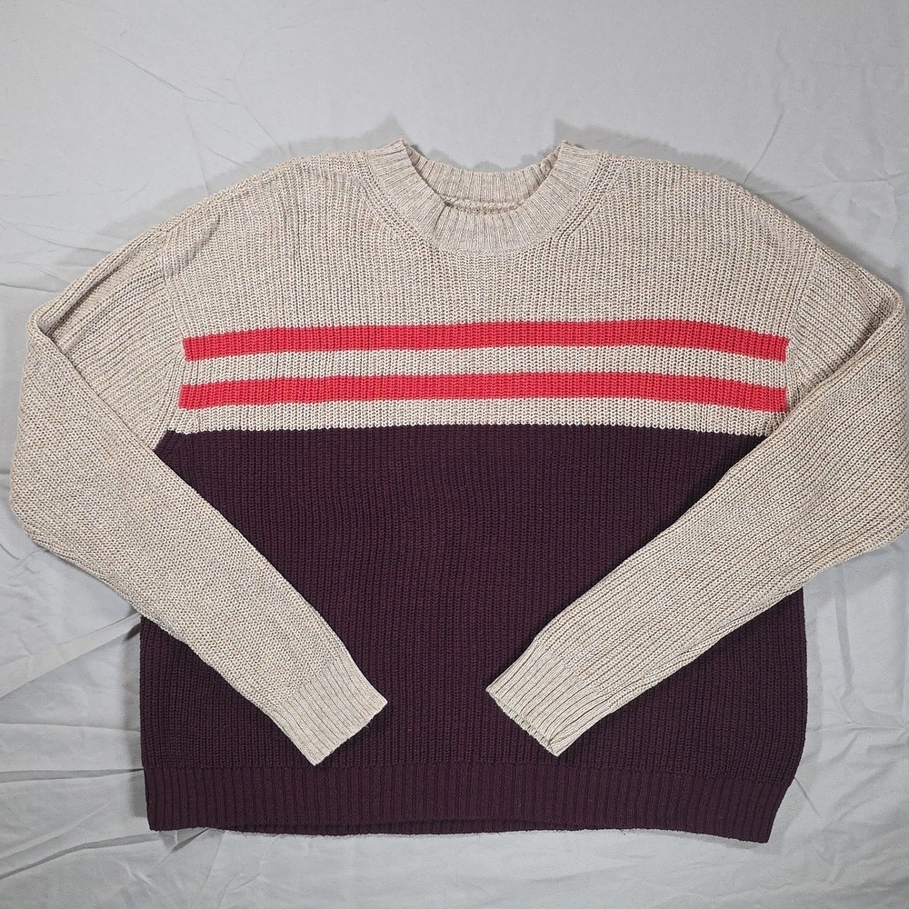 American Eagle Outfitters Purple and Cream Crew Neck Sweater